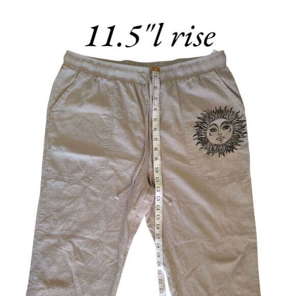 Khaki Sun Print Pull On Cotton Linen Hippie Trouser Pants Size Large - Picture 11 of 14